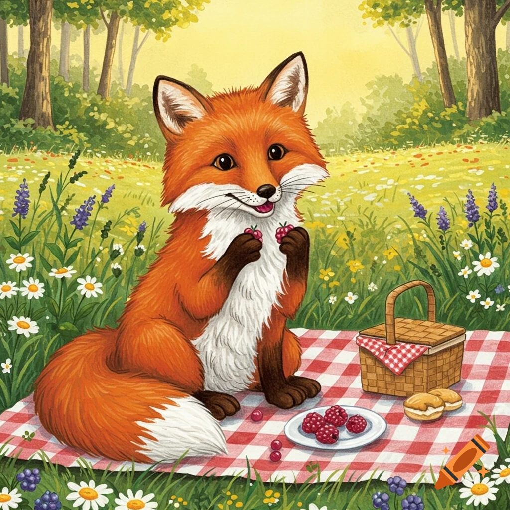 Cartoon fox eating berries at a picnic on a red and white blanket in a meadow, Jan Brett art style.