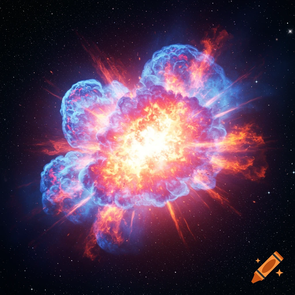A vibrant red and blue explosion expands in the darkness of space.