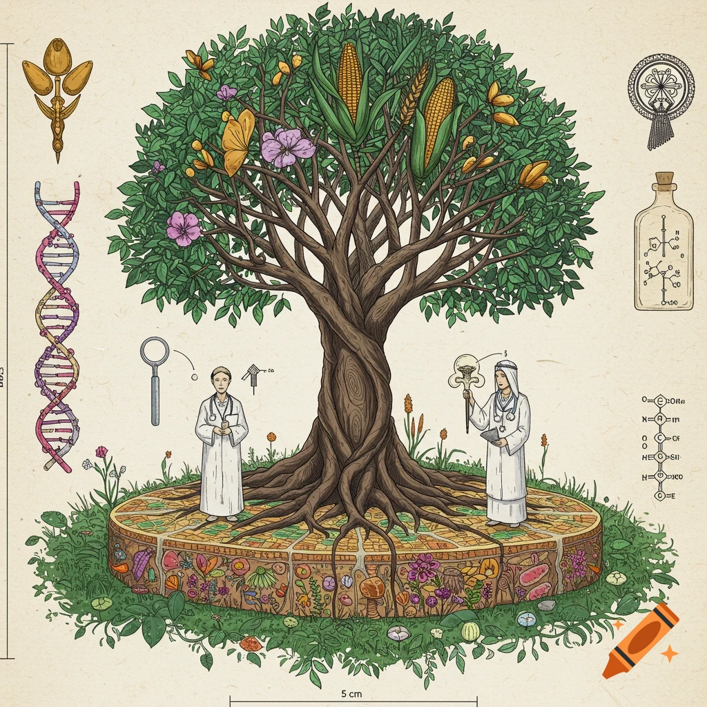 Diagram of a tree with DNA helix, chemical formulas, scientific symbols, and figures on a base showing roots and plants.