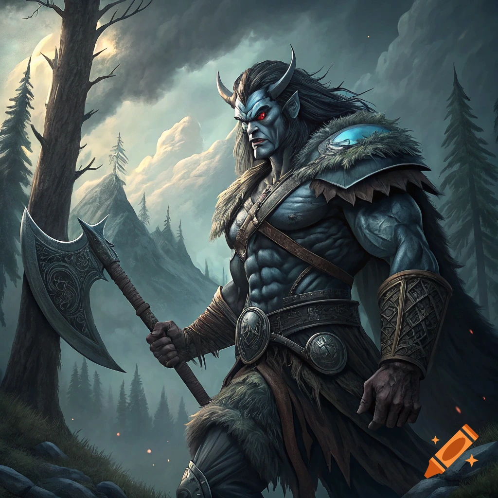 A muscular, blue-skinned fantasy creature with horns and red eyes holds a large axe in a forest.