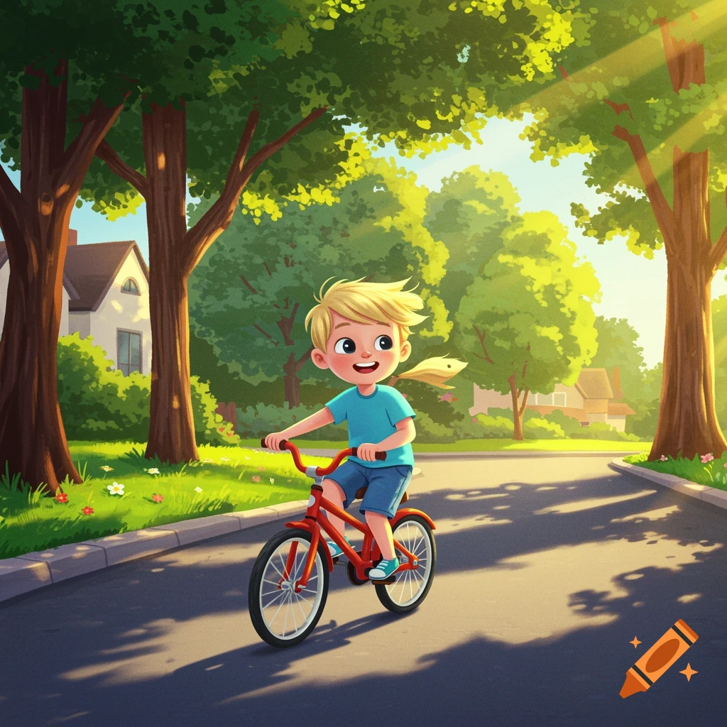 Cartoon illustration of a boy riding a red bicycle down a sunny street lined with trees and houses.