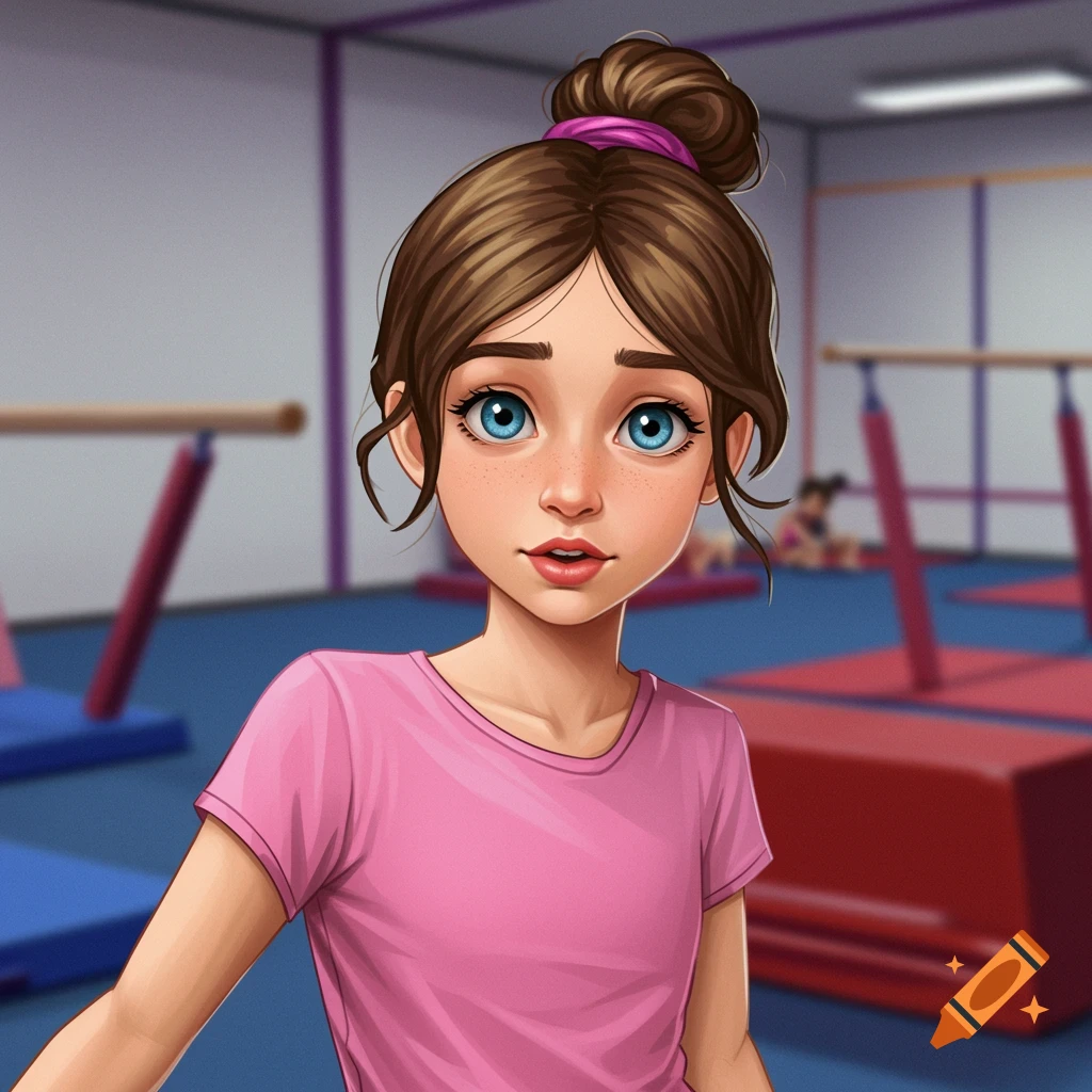 A young girl with blue eyes and brown hair in a pink shirt standing in a gymnastics gym.