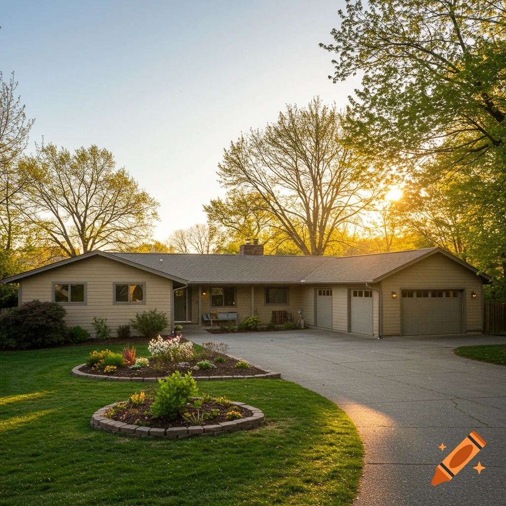 A tan ranch house with a three-car garage, landscaped yard, and driveway under a sunny sky.