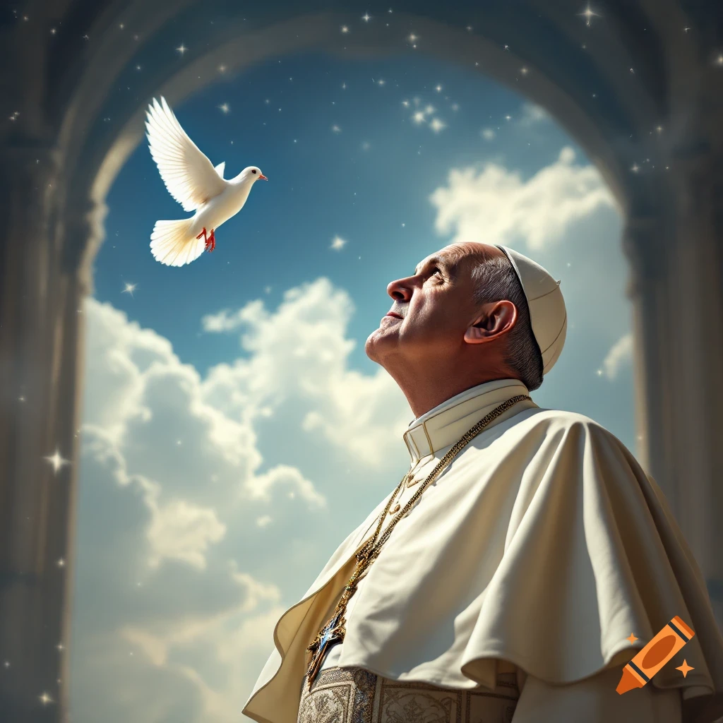 A person resembling the Pope looks up at a dove flying under an archway in a starry sky.