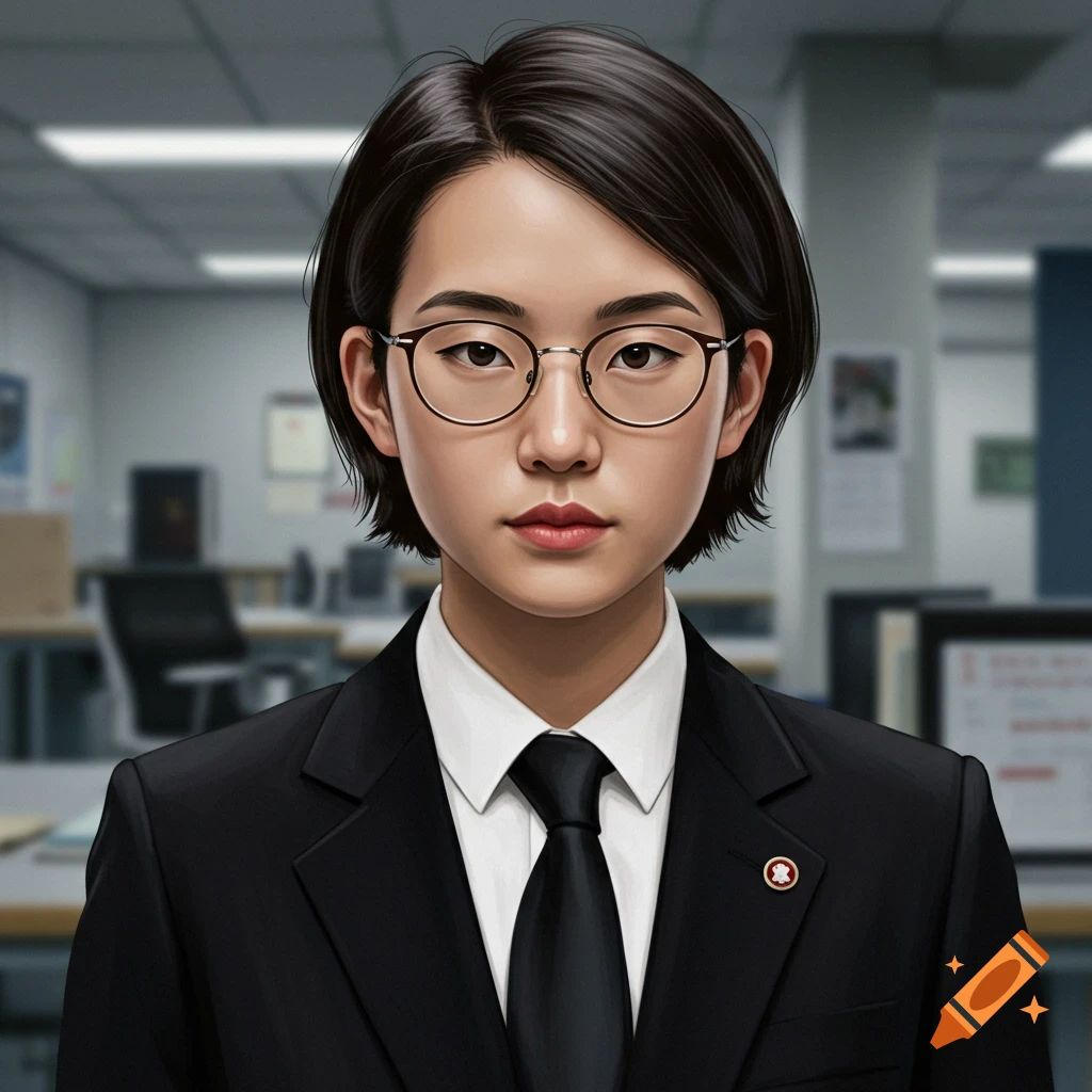 A young Asian woman is pictured wearing a suit and glasses while in an office setting.