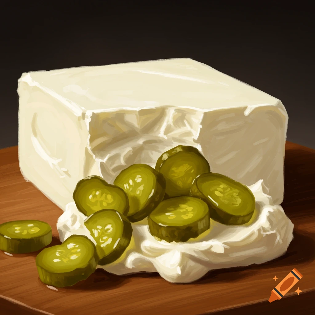 A block of cream cheese with pickle slices on a wooden surface.