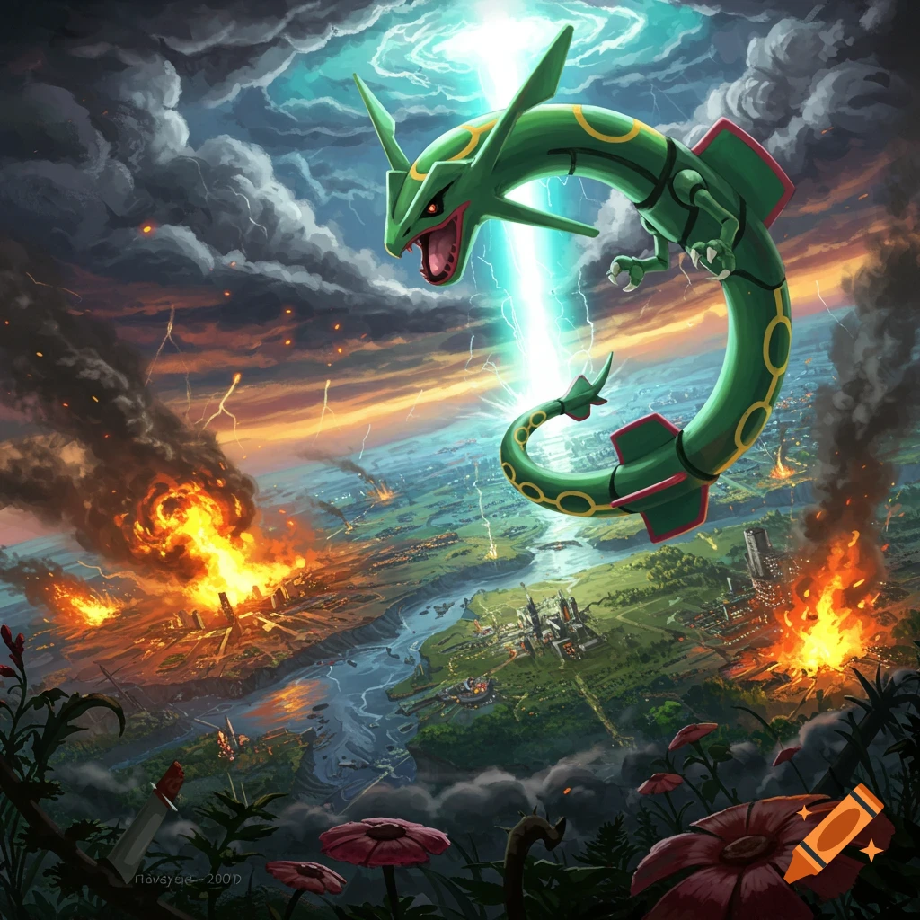 Rayquaza flies high above a city engulfed in flames and destruction, emitting a beam of light.