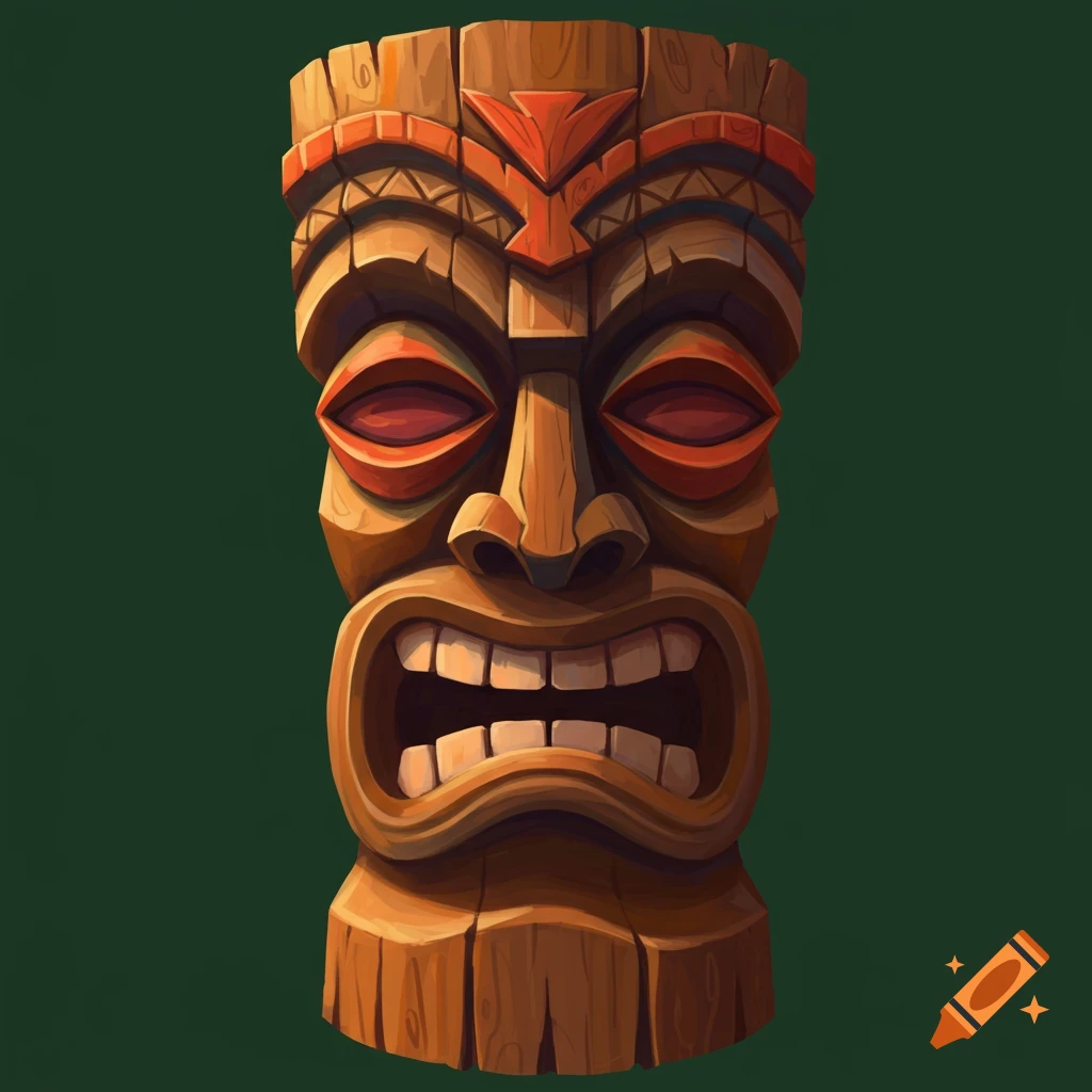 A wooden tiki mask with red accents.