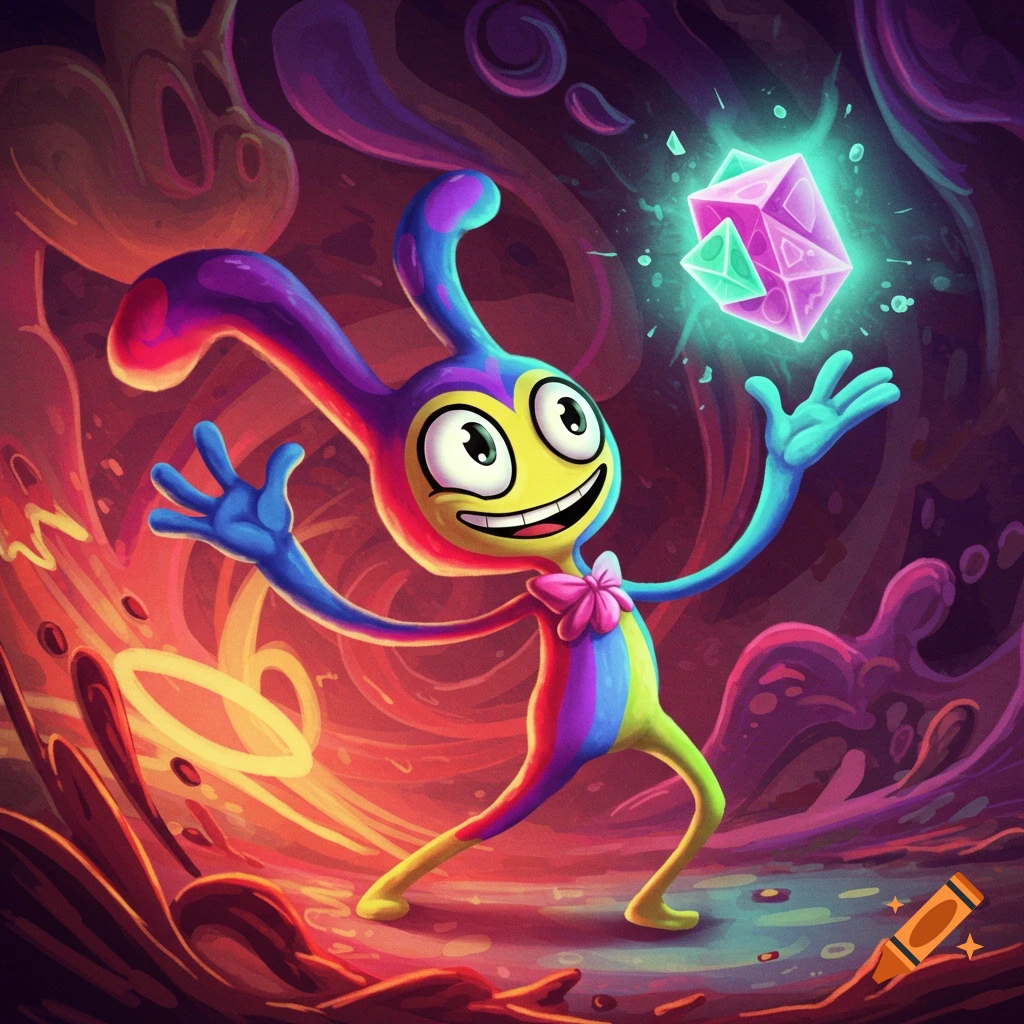 Colorful, cartoon-style creature holding a glowing crystal.