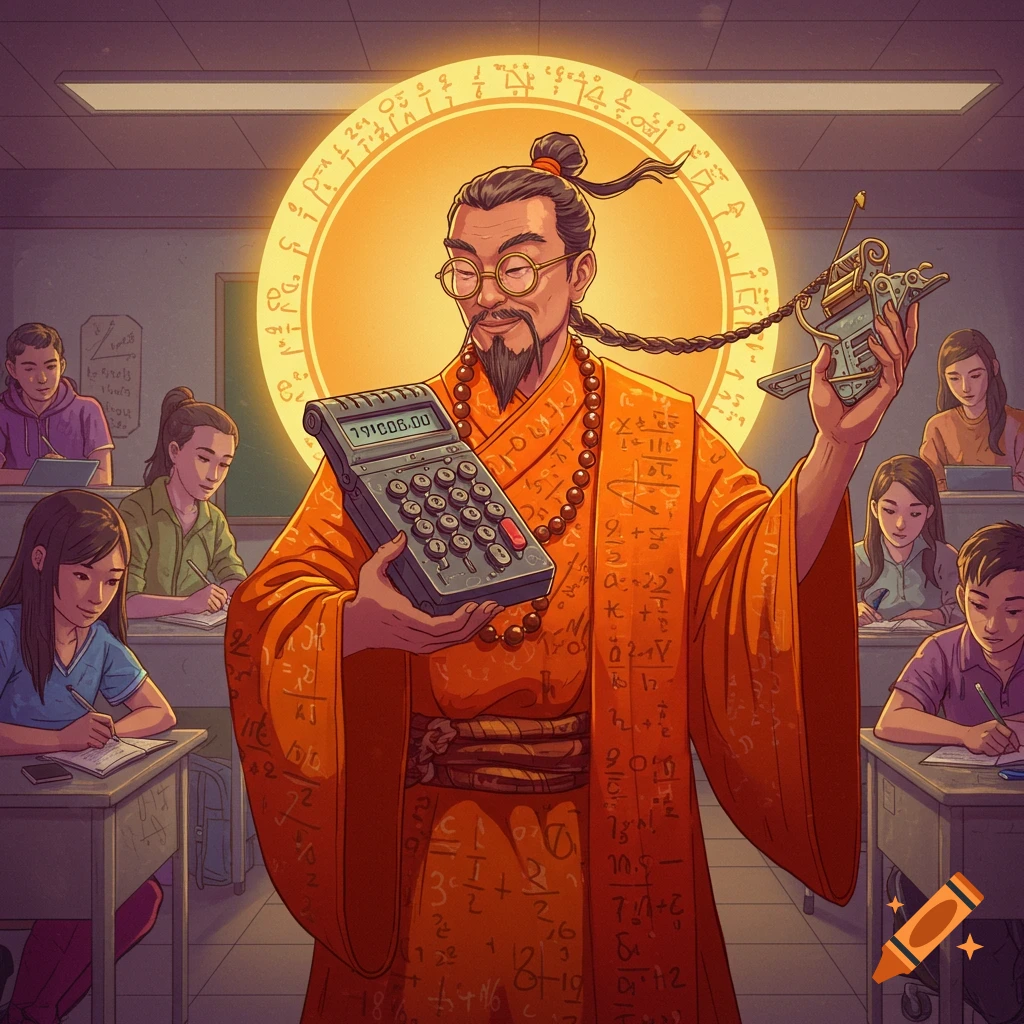 A stylized math teacher is depicted in a classroom, holding a calculator and a device.