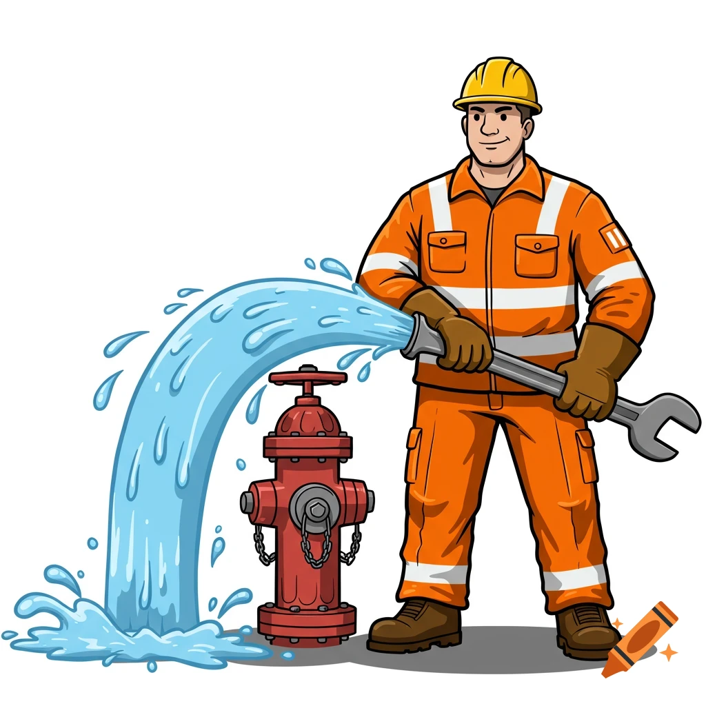 Vector illustration of a water operator in orange safety gear and hardhat using a wrench to open a fire hydrant with water gushing out.
