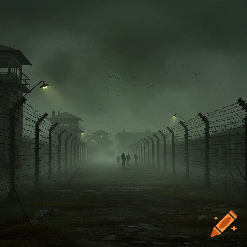 A foggy prison camp with barbed wire fences, watchtowers, and silhouetted figures walking.