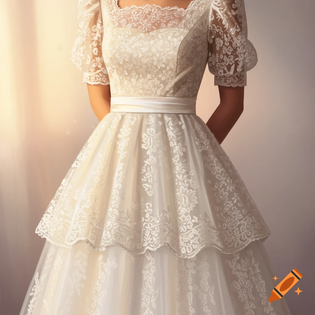 A person in a white lace wedding dress with a tiered skirt.