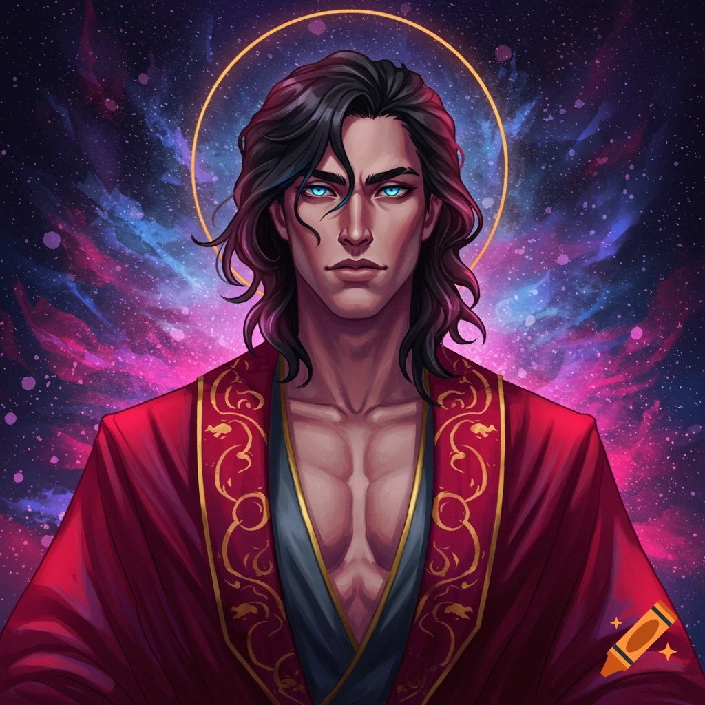 A man with long dark hair, blue eyes, and a red robe against a galaxy background