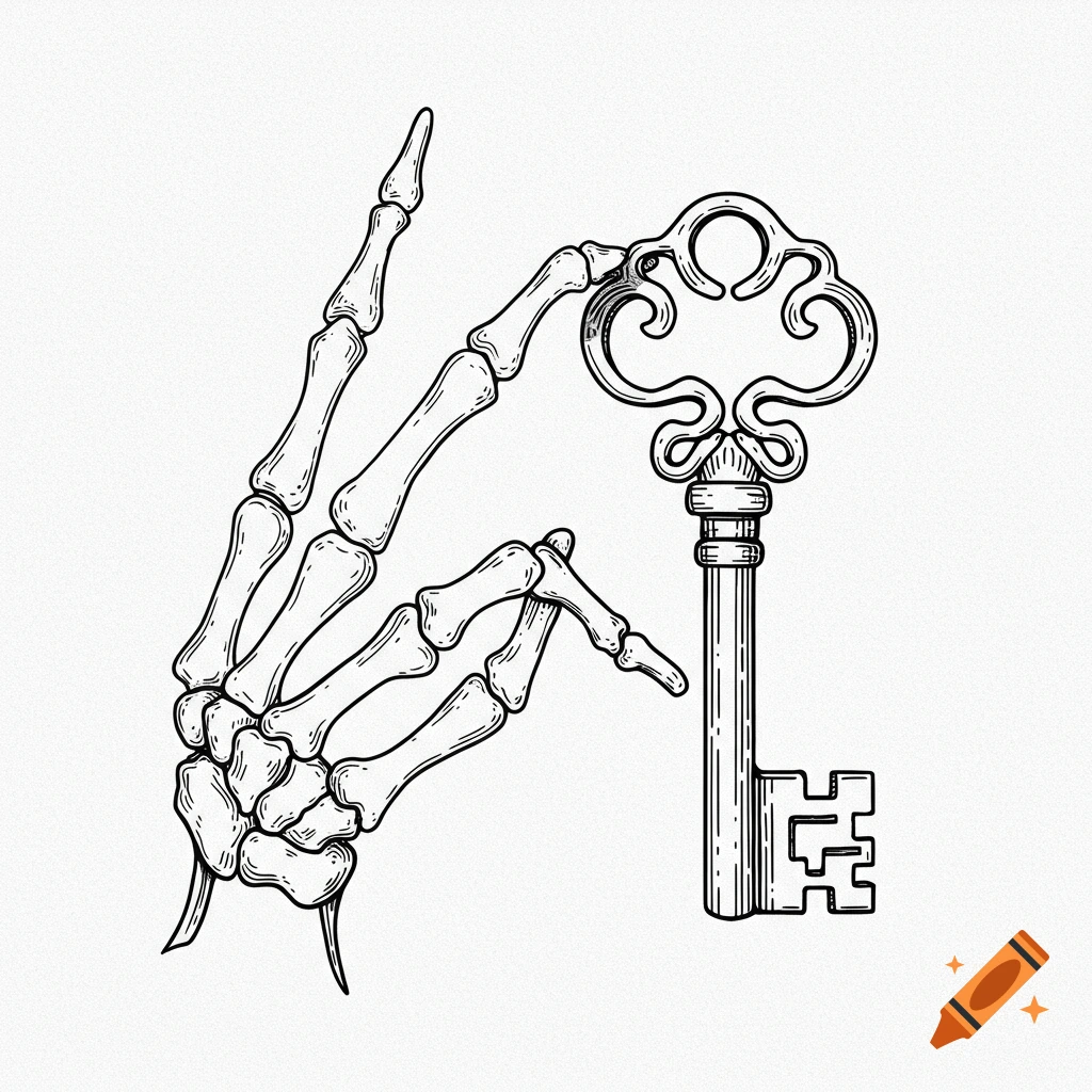 A black and white line art illustration of a skeleton hand holding a key.