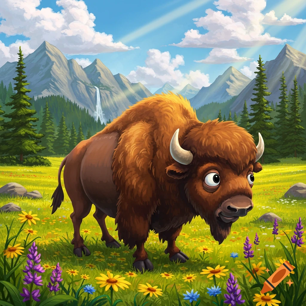 Cartoon bison in a flowery mountain meadow with trees and waterfall
