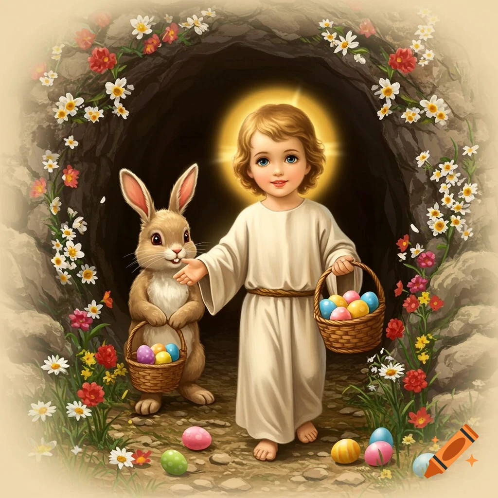 Baby Jesus and Easter bunny with egg baskets emerge from a flowery cave