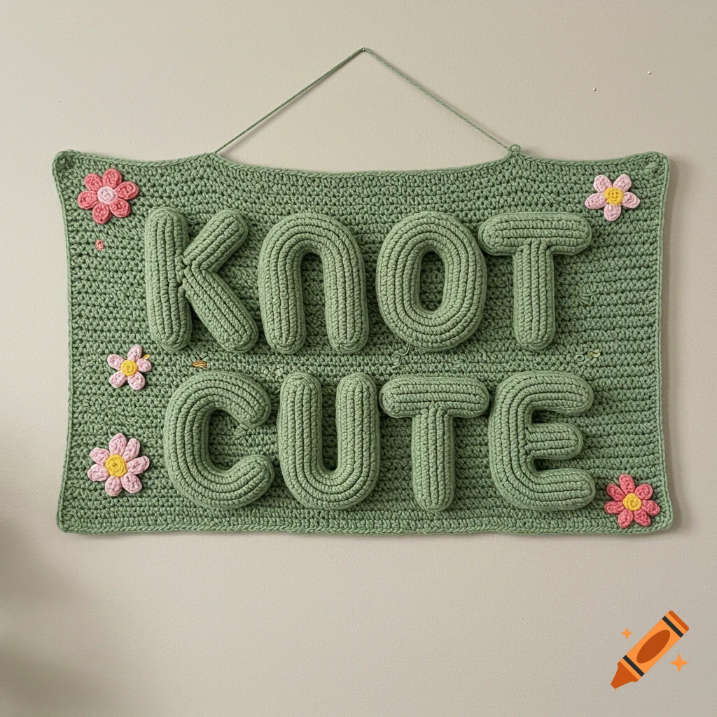 Crocheted wall banner with raised green text 'KNOT CUTE' and small pink and yellow flowers.