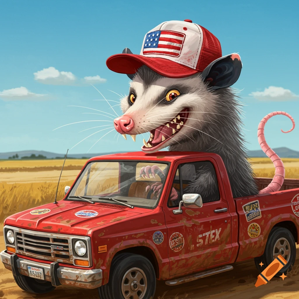 A cartoon opossum in a trucker hat driving a red pickup truck.