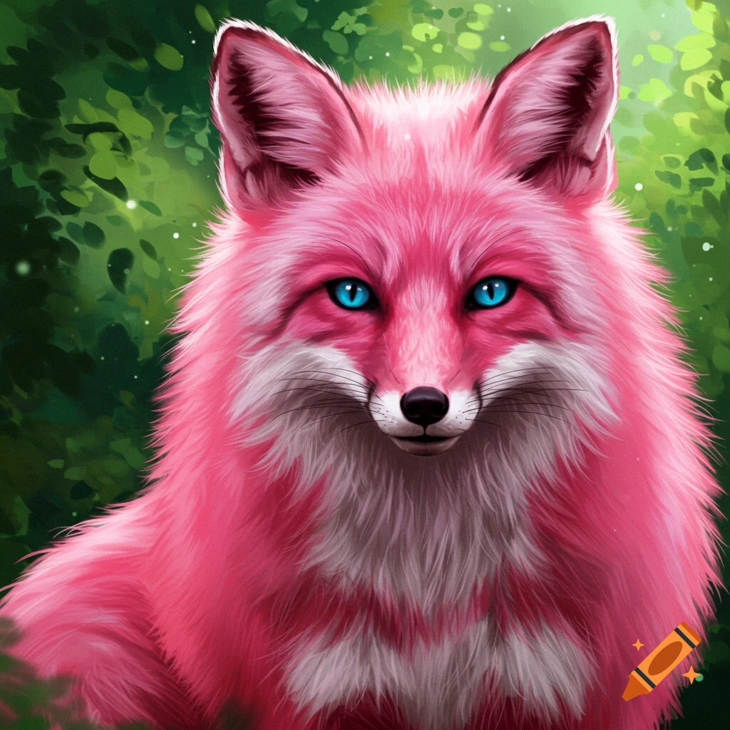 A pink fox with bright blue eyes in a forest.