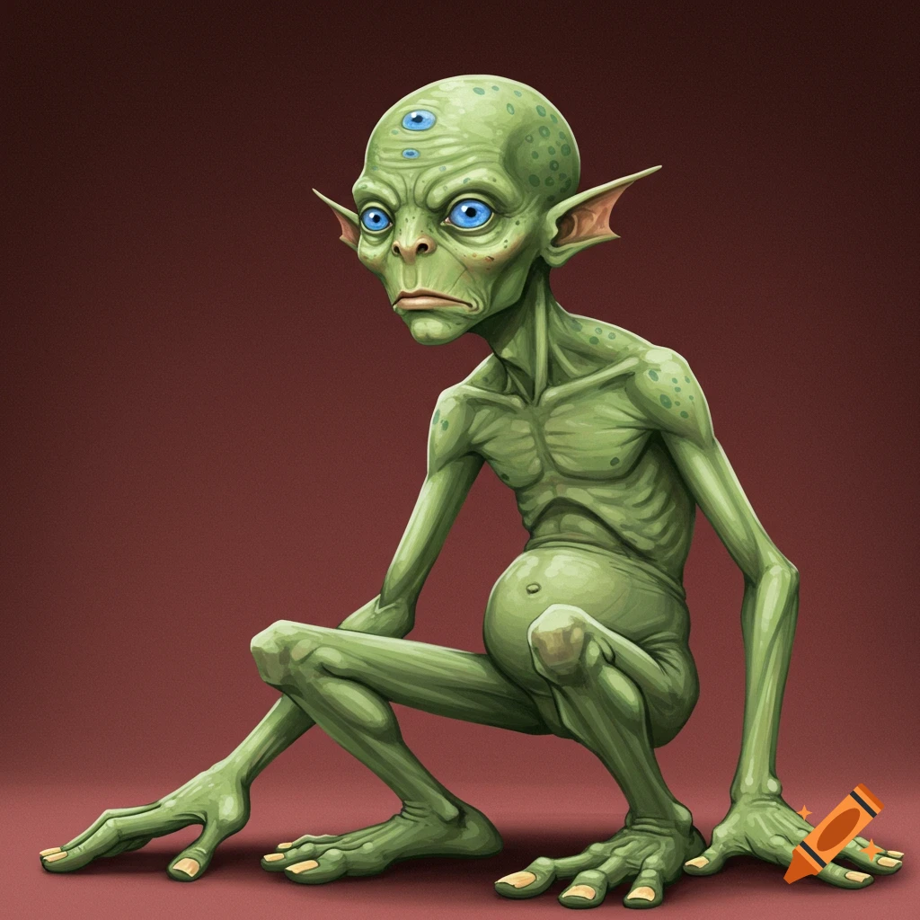 A skinny green creature with blue eyes and three eyes on its forehead squats.