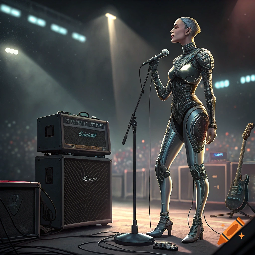 A cyborg figure in a metal suit sings into a microphone on a stage with amps and a guitar.