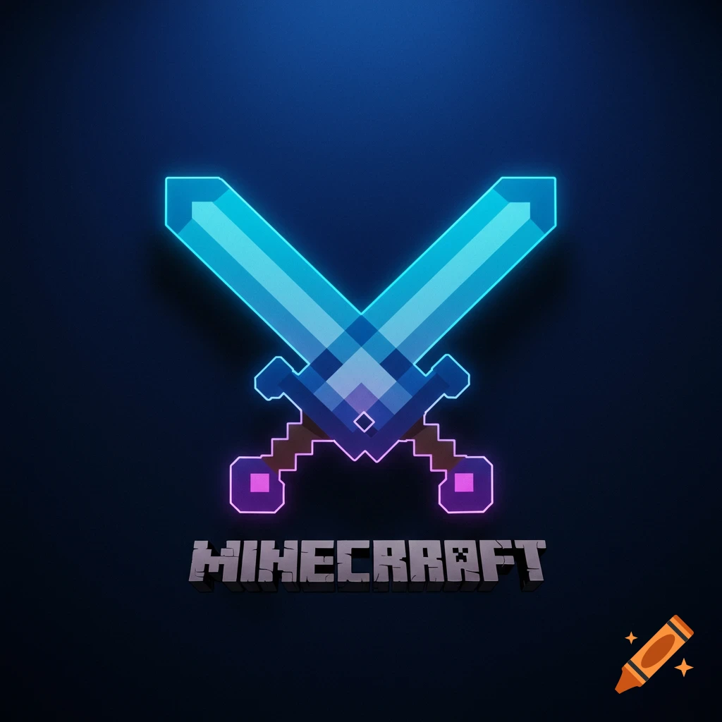 Crossed pixelated swords with a blue glow and Minecraft text below