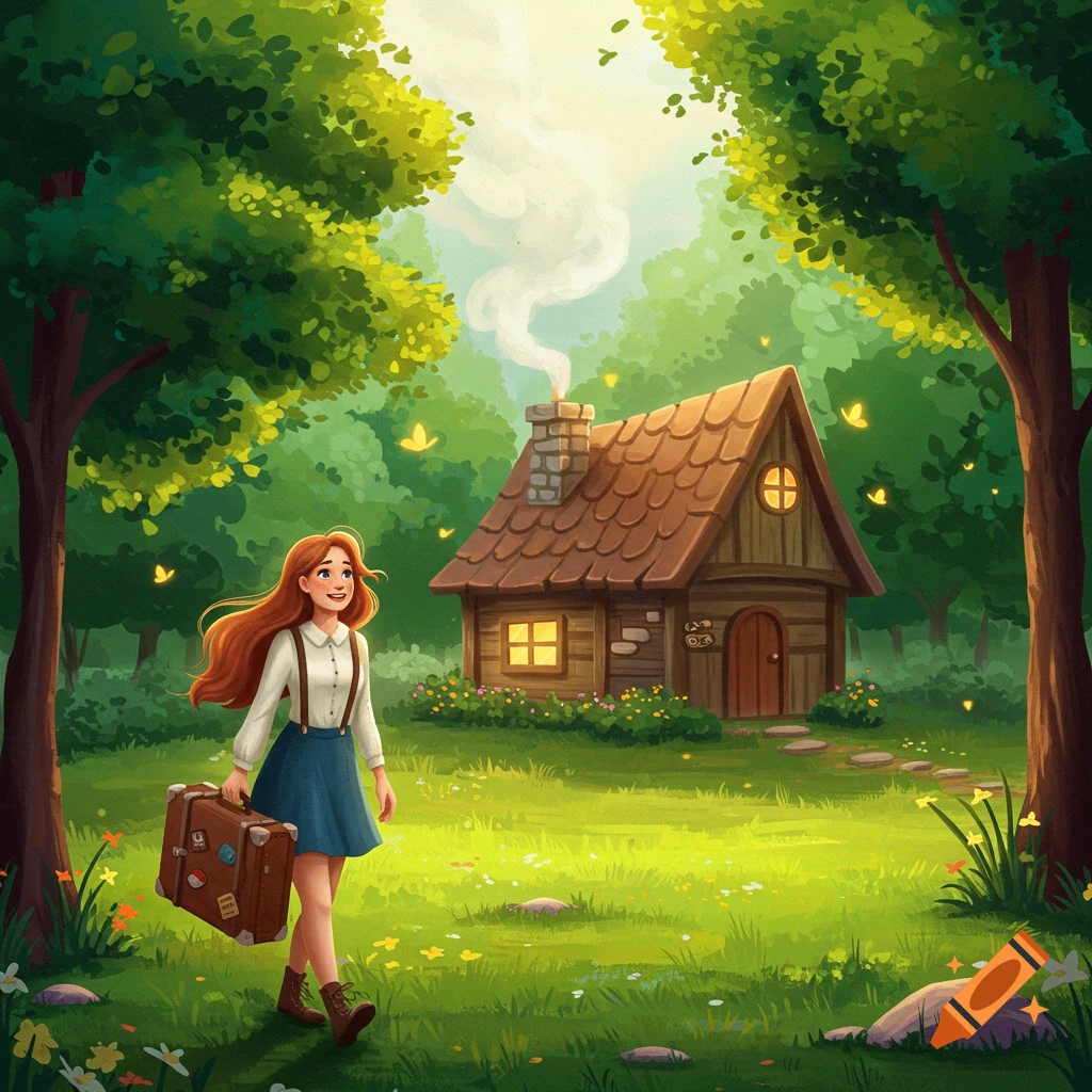 A young woman with a suitcase walks toward a cozy forest cottage in a storybook style.