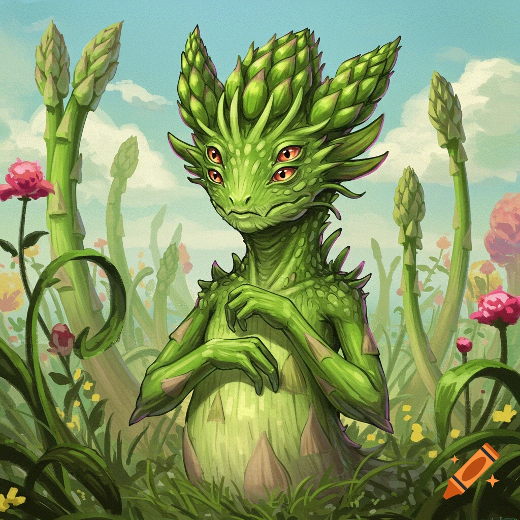 A green, four-eyed creature resembling asparagus stands in a field of plants.