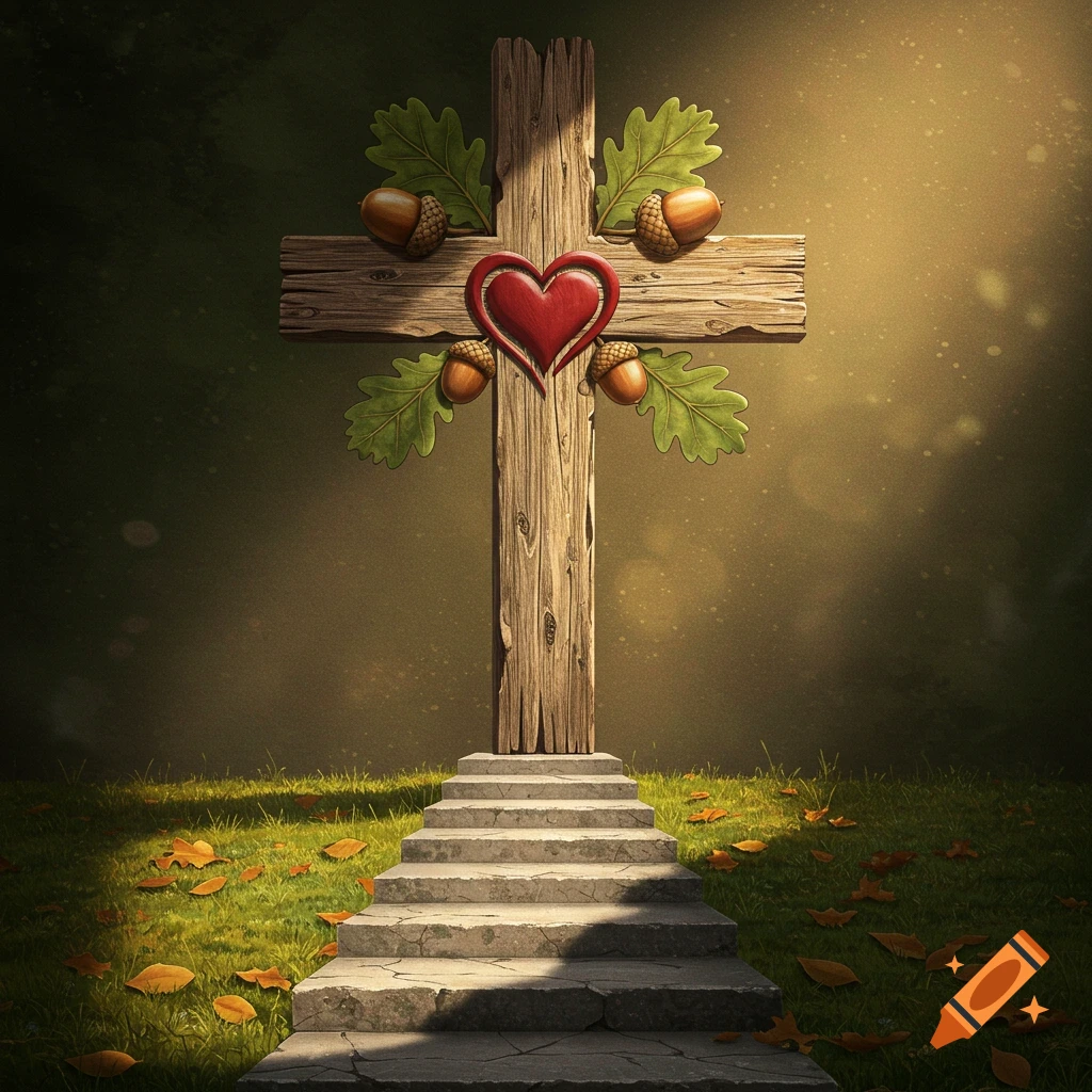 A wooden cross adorned with a red heart, acorns, and oak leaves, with stone steps leading up to it.