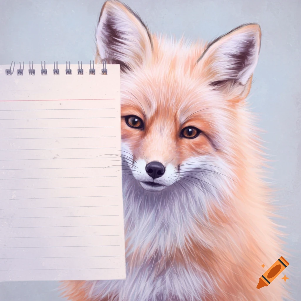 A whimsical fox holds up a blank lined memo pad in soft pastels.