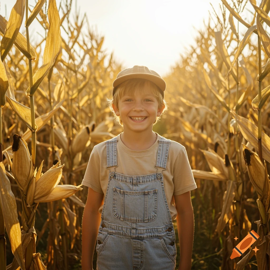 Smiling boy in overalls stands in a sunlit golden cornfield.