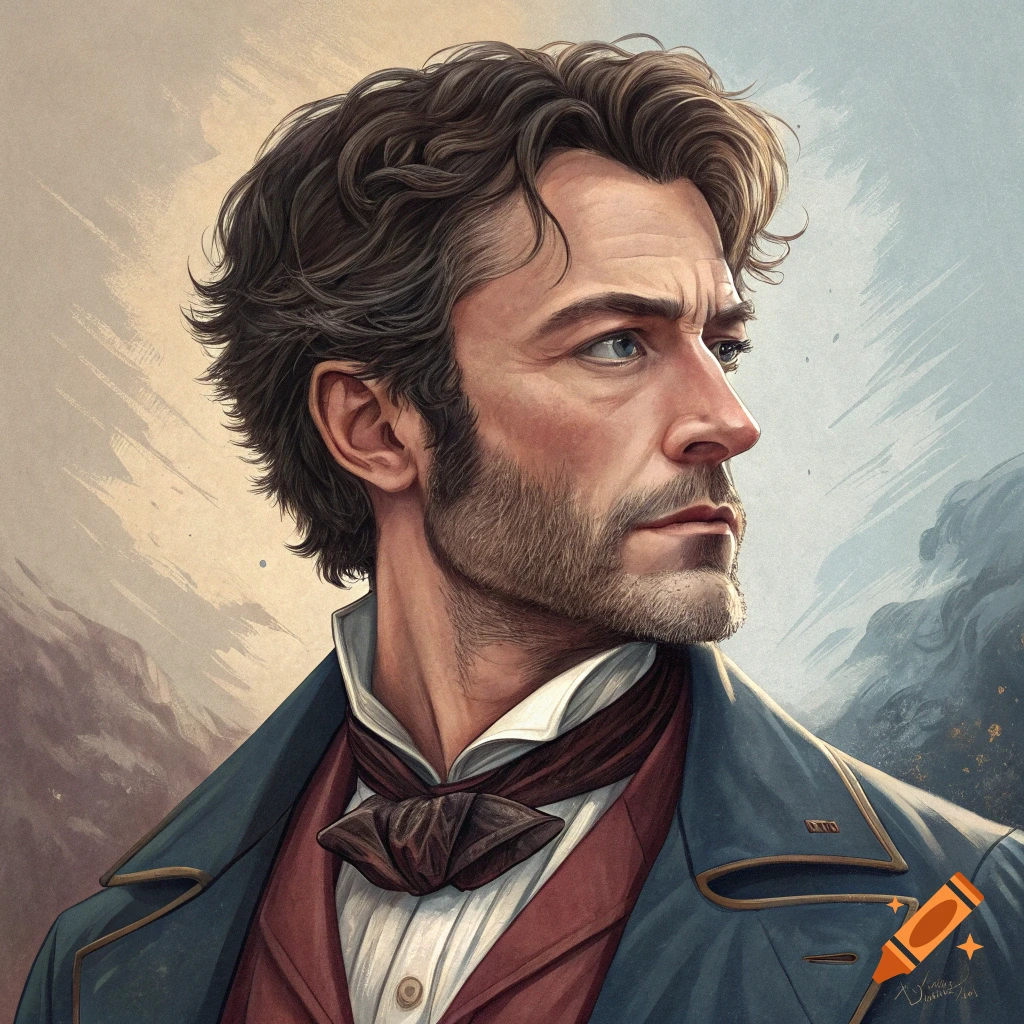 Stylized portrait of a man in historical clothing looking right.