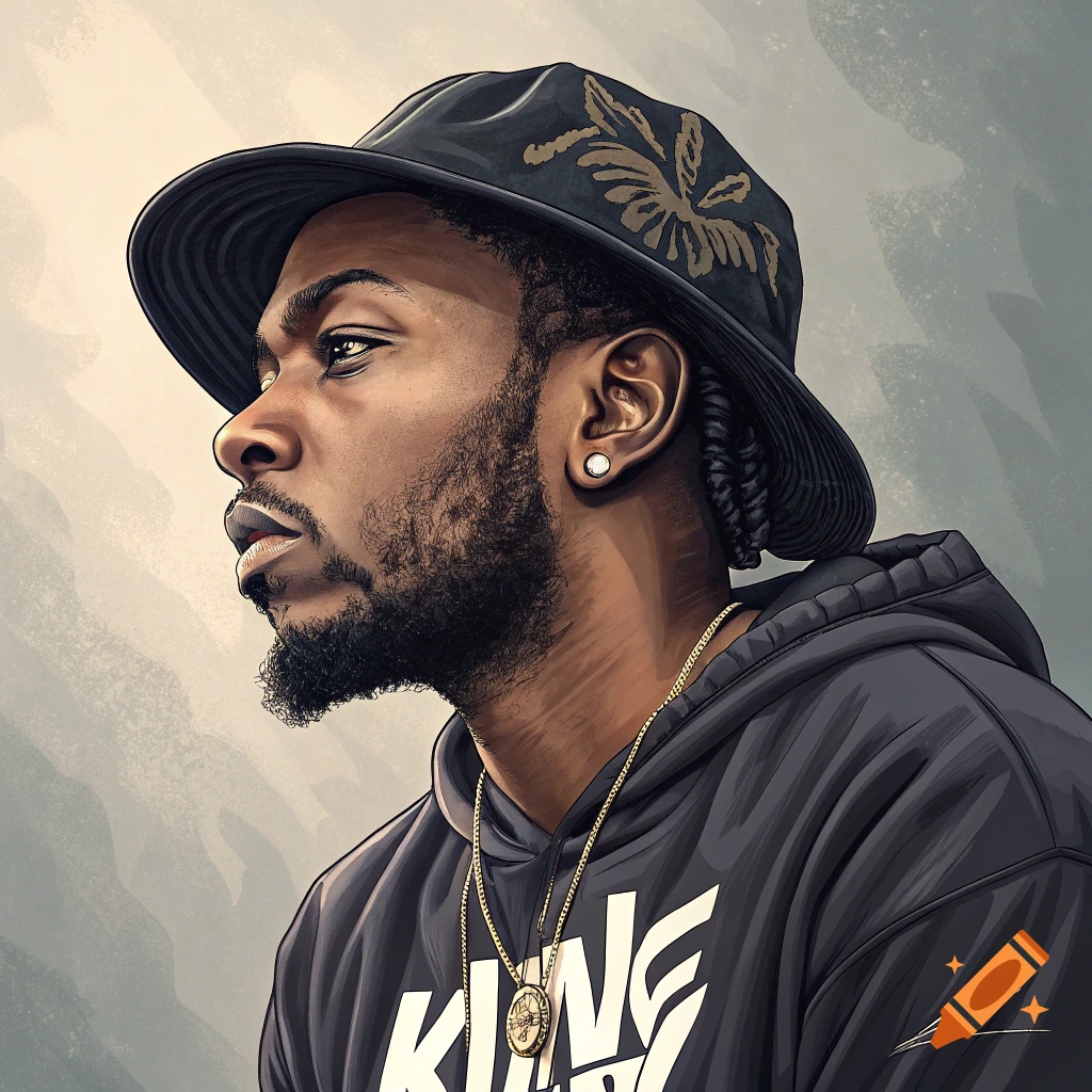 Illustration portrait of a man in a hat and hoodie with text