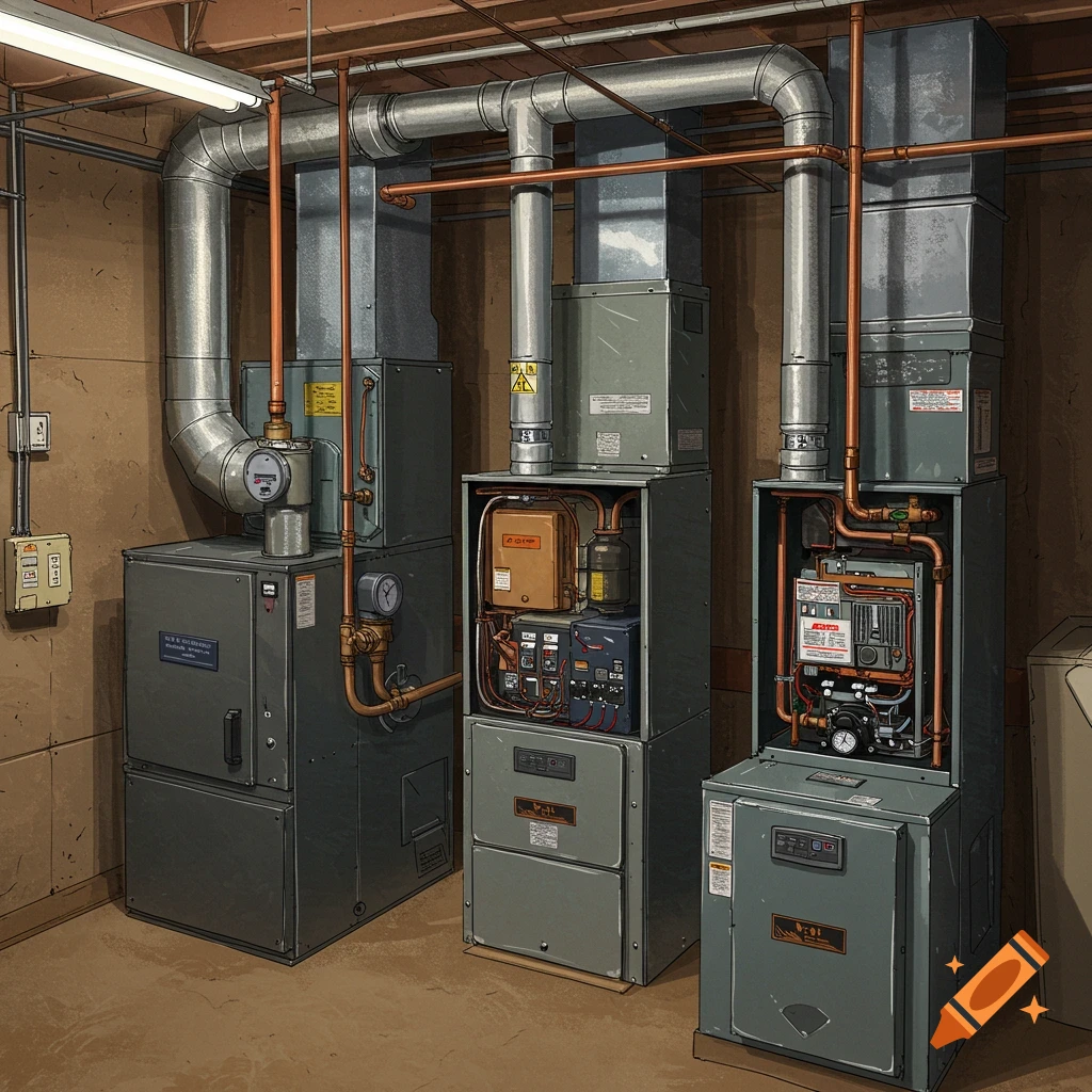 Residential gas furnaces and heating equipment in a basement.