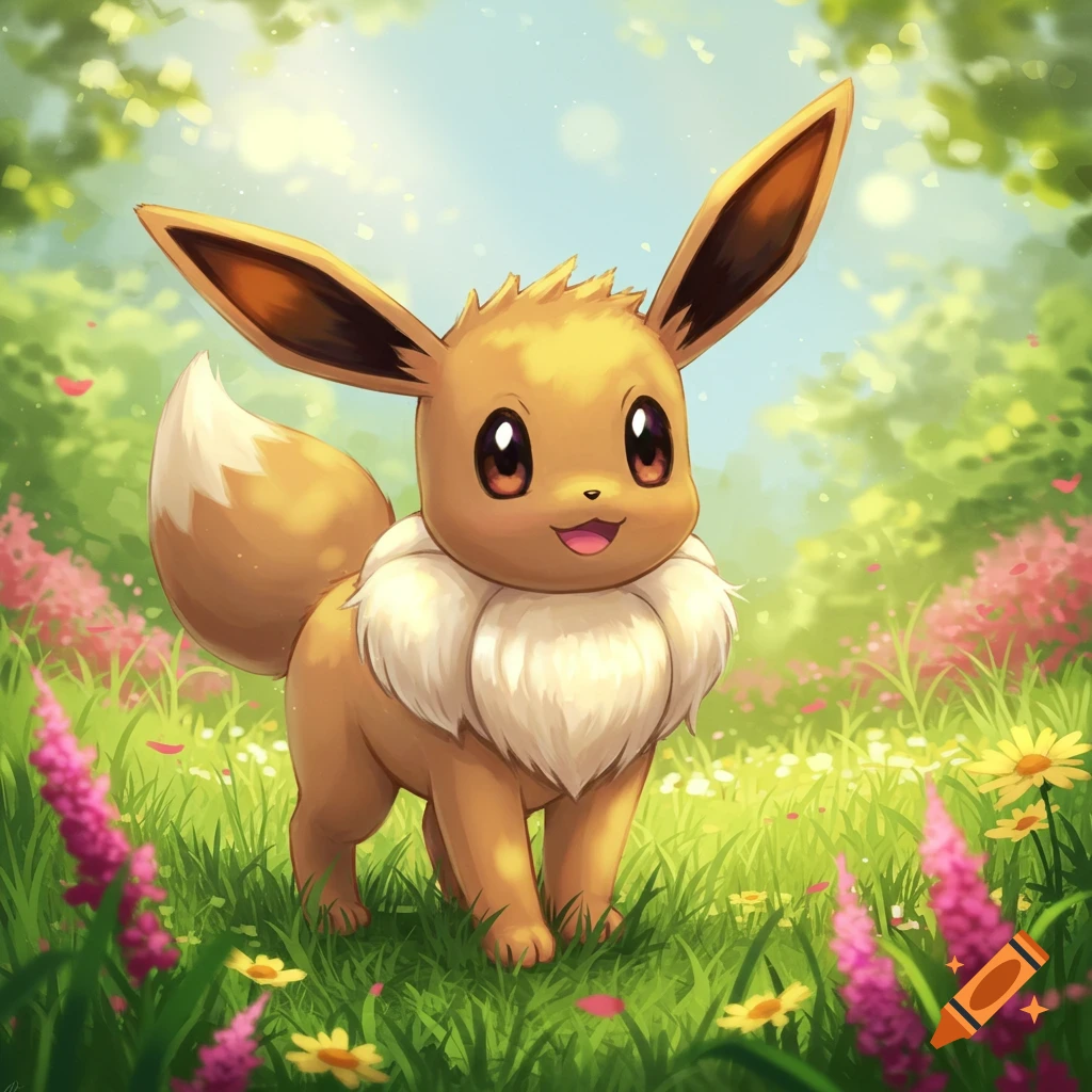 The Pokemon Eevee stands in a sunny field of grass and flowers.