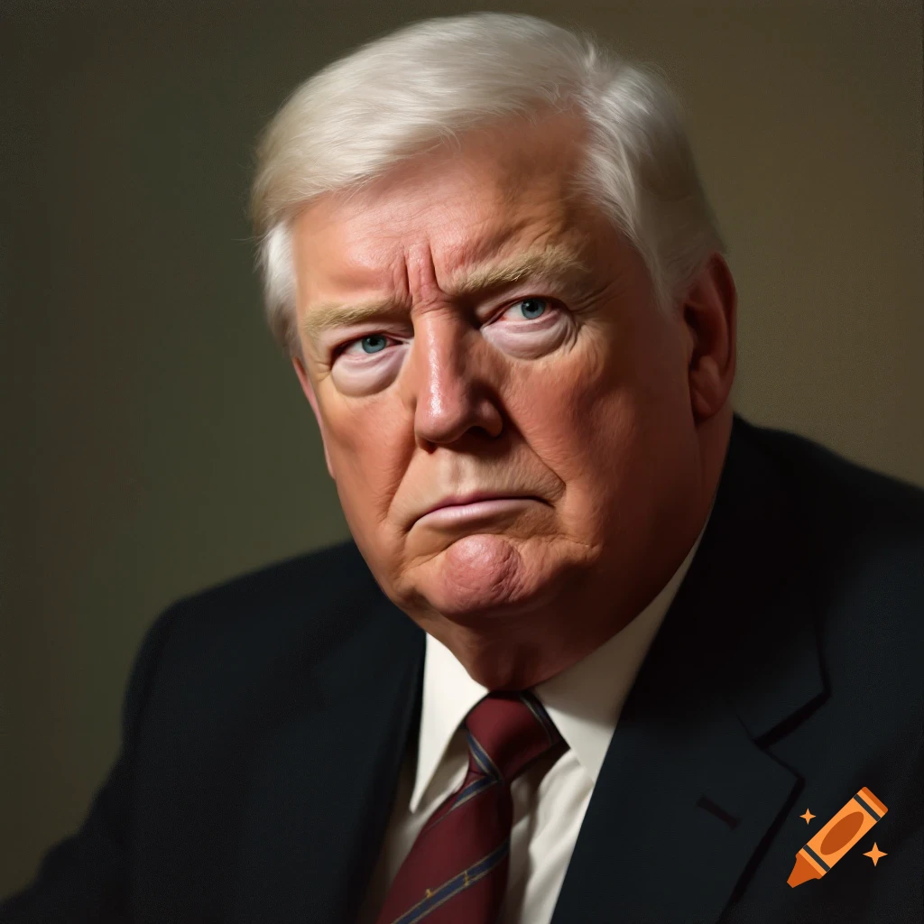 Photorealistic portrait of a man resembling Donald Trump in a suit and tie.