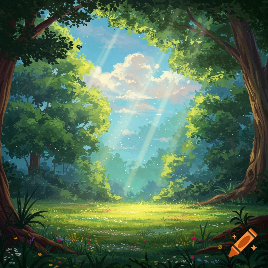 A sunny forest clearing with beams of light shining through trees and wildflowers in the grass.