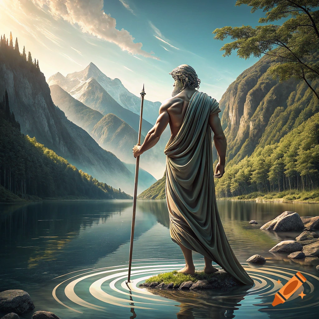 A statue-like figure of a bearded man in a toga stands in a lake, holding a staff, with mountains and trees in the background.