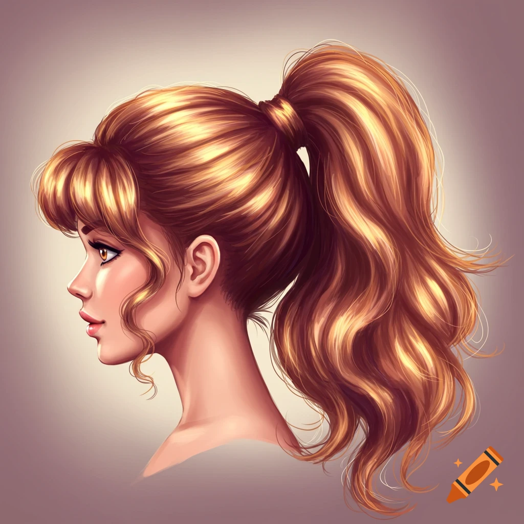 A woman's profile with a ponytail and bangs.