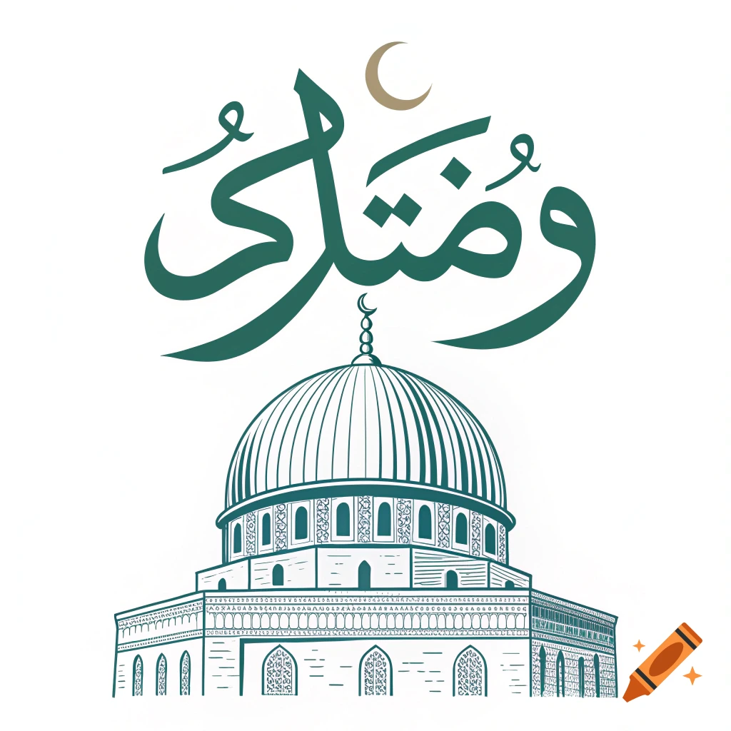 Line drawing of a mosque with Arabic calligraphy above and a crescent moon