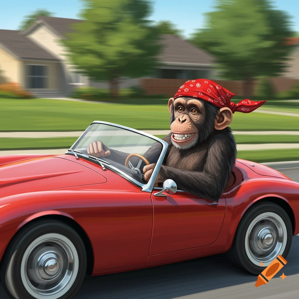 A chimpanzee wearing a red bandana is driving a red convertible car down a suburban street.