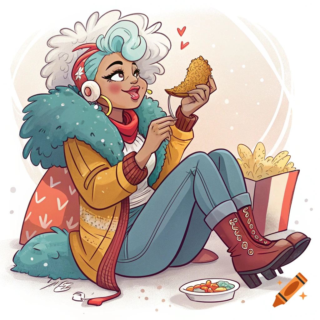 Stylized illustration of a person in a coat and jeans sitting and eating chicken.