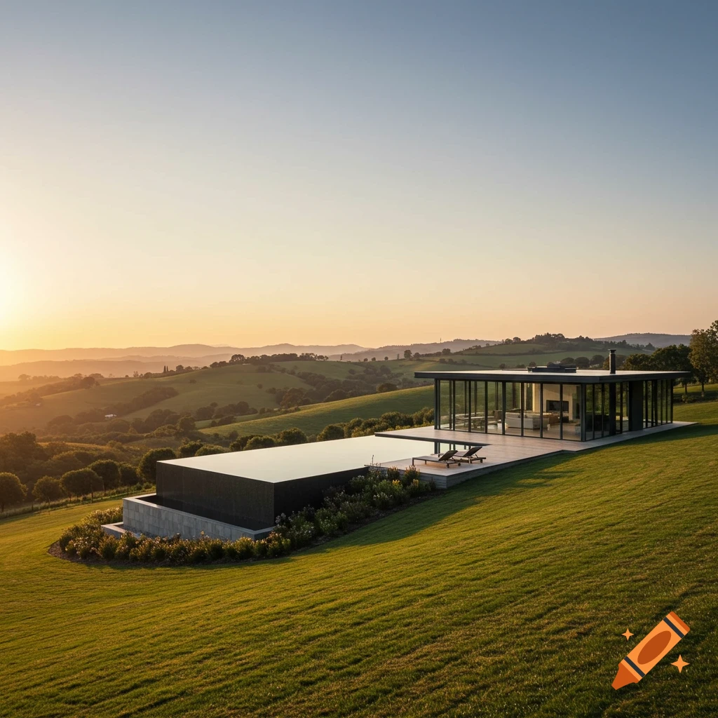 Modern glass house with an infinity pool on a grassy hillside at sunset.