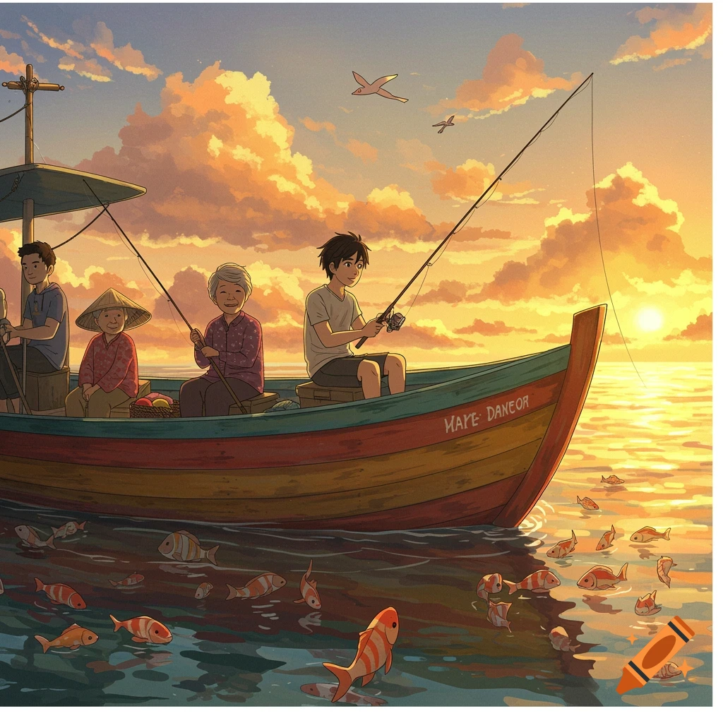 People fishing from a boat at sunset, with fish in the water.