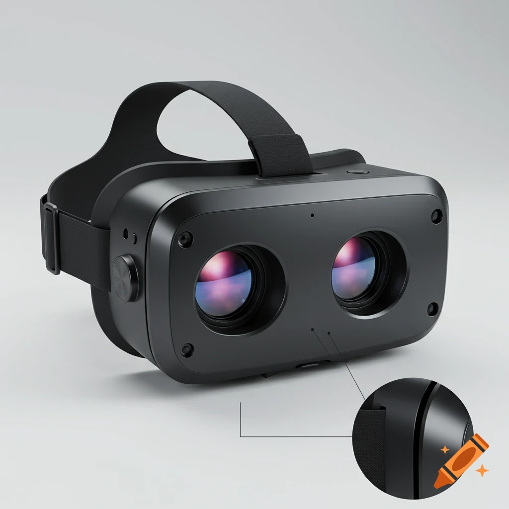 Close-up studio shot of a black virtual reality headset.