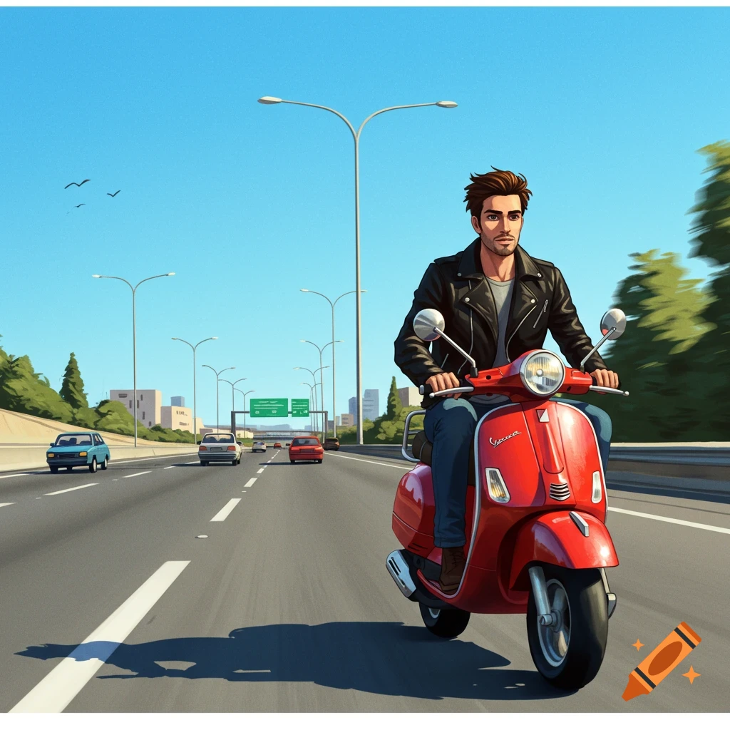 A man rides a red scooter on a highway, with cars in the background.