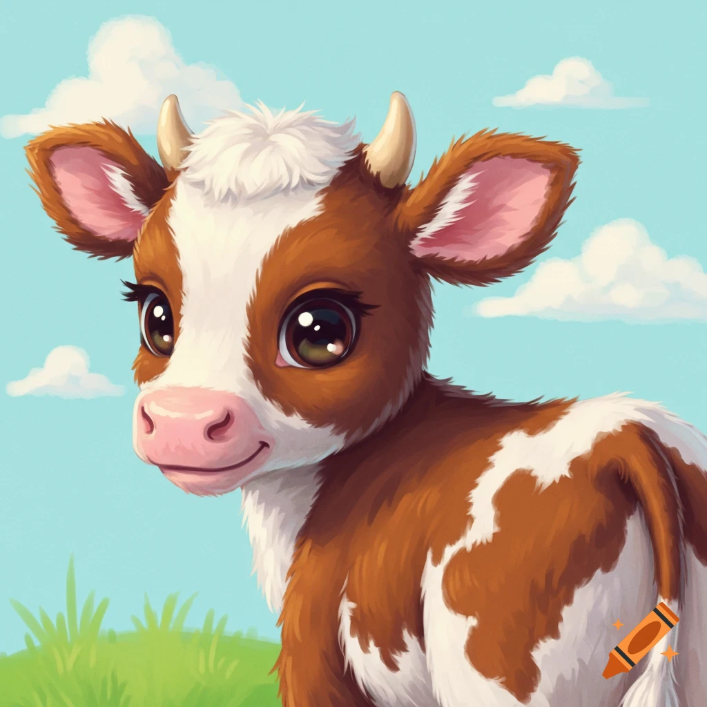 Cute cartoon brown and white spotted calf looking left in a field under a blue sky