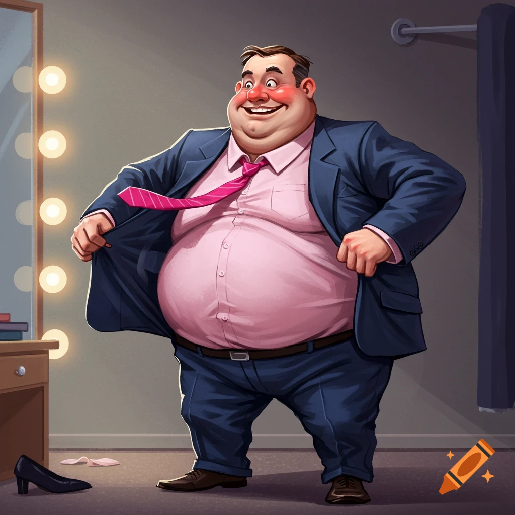 Cartoon illustration of a cheerful overweight man trying on a suit that is too tight in a dressing room.