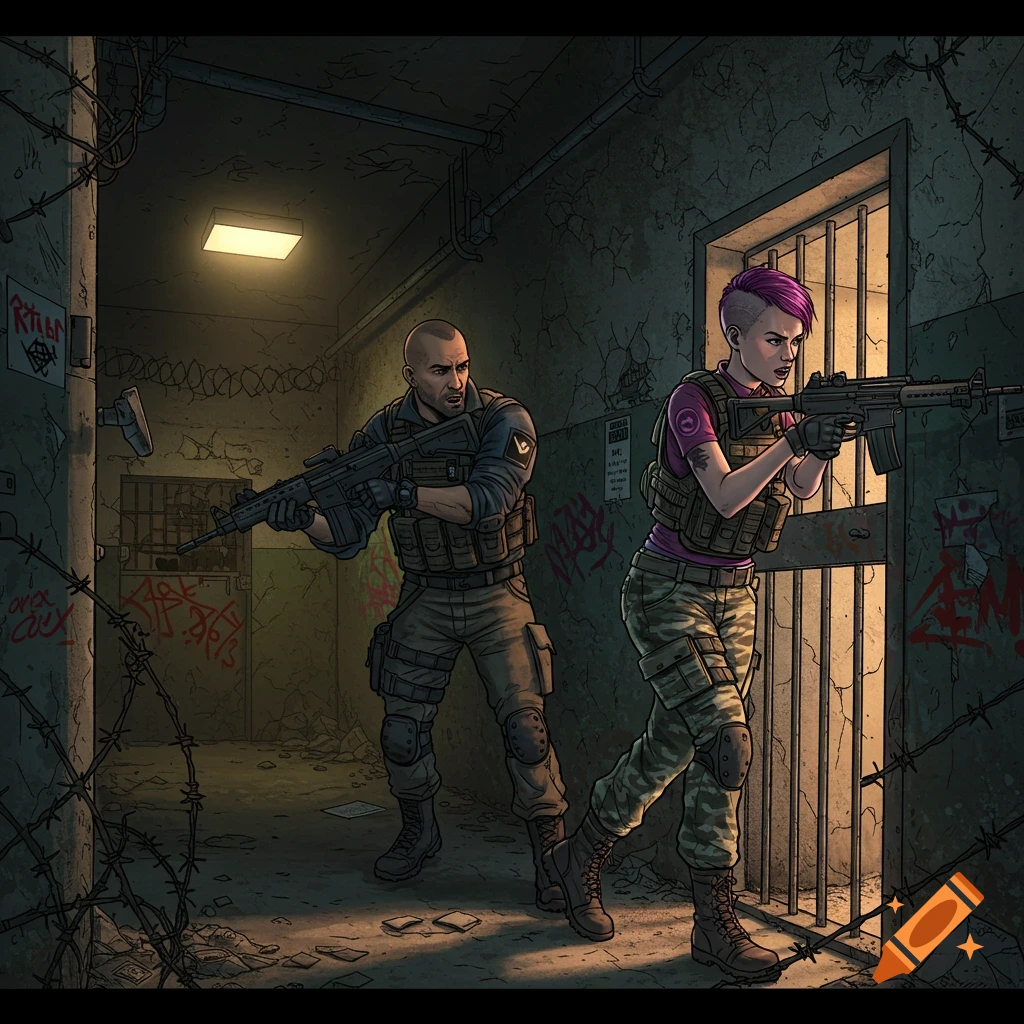 Two military operators armed with rifles advance through a dark, graffiti-covered corridor.